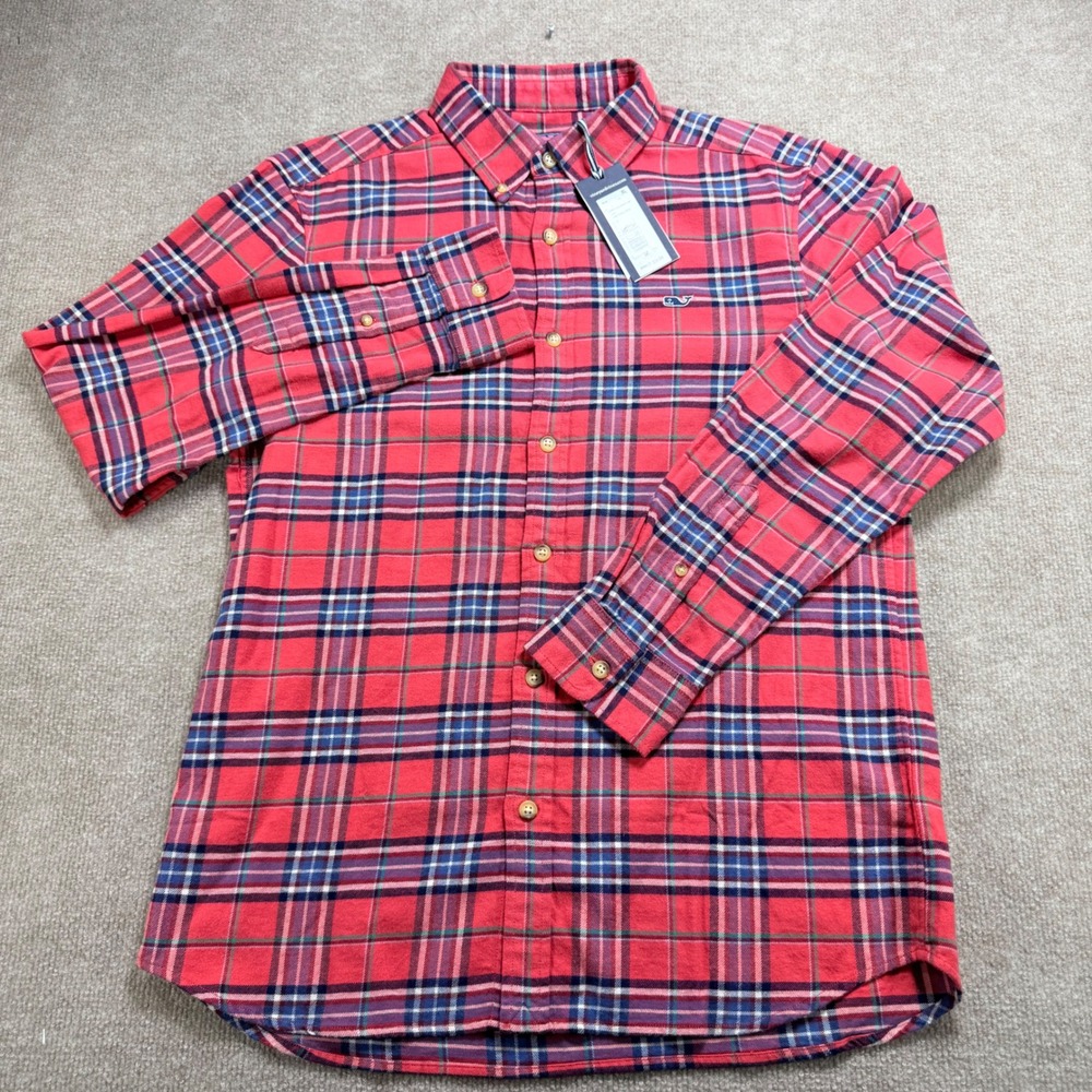 Vineyard Vines Mens Medium Flannel Plaid Whale Shirt Crab Shell Red Blue‎ NWT